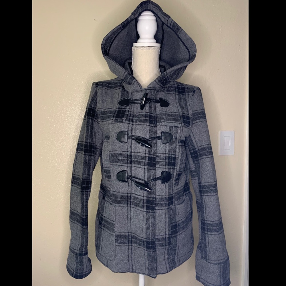 Aeropostale Black and Grey Wool Hooded Coat